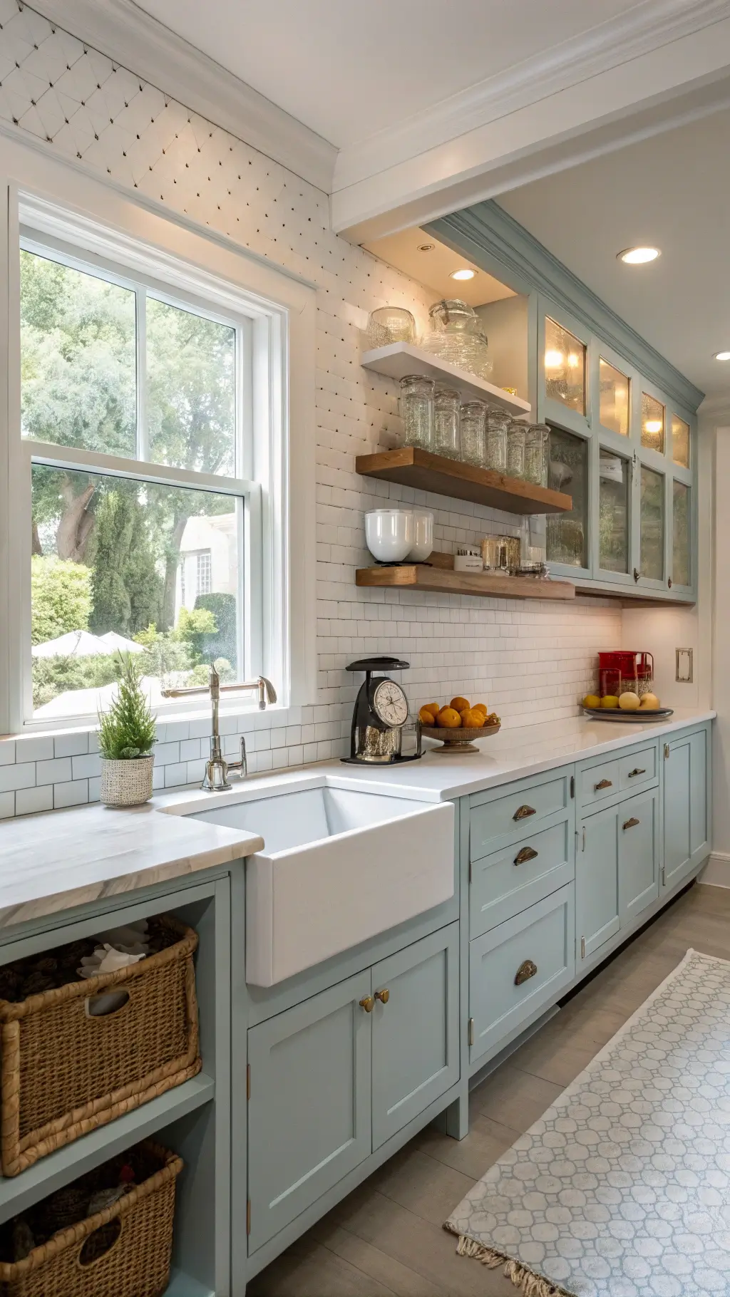 Sunlit galley kitchen with pale blue cabinets, white quartz counters, and vintage kitchenware on floating shelves