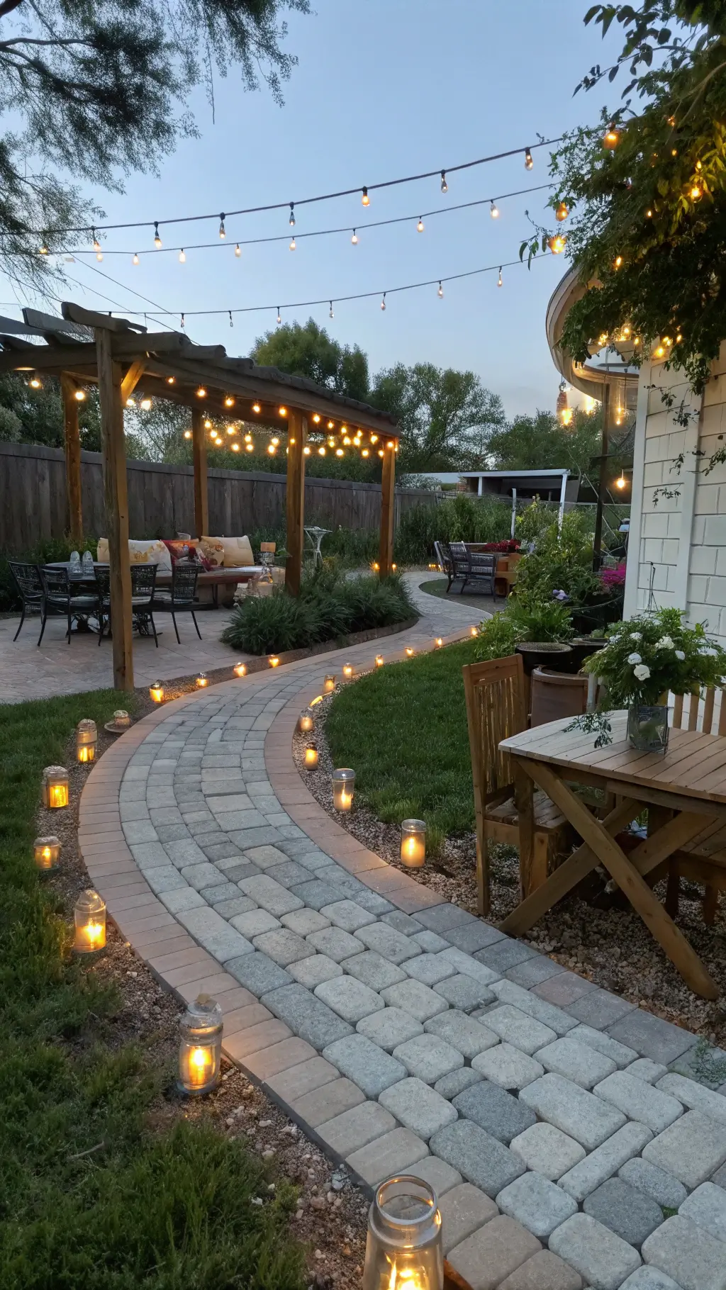 Twilight backyard with solar lanterns, DIY pergola adorned with string lights, jasmine plants, raised garden beds from pallets, and vintage seating