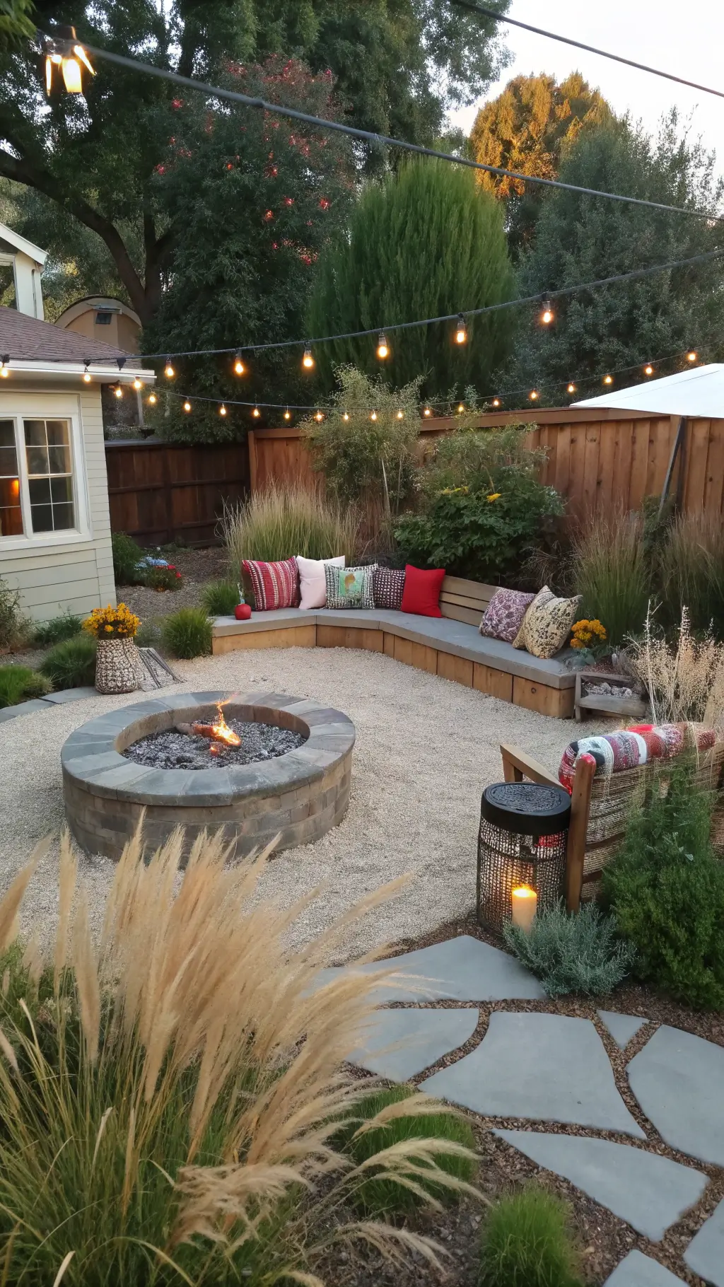 Cozy backyard with circular gravel patio, concrete fire pit, restored rattan seating, mason jar lights, native grasses, and flowers at sunset
