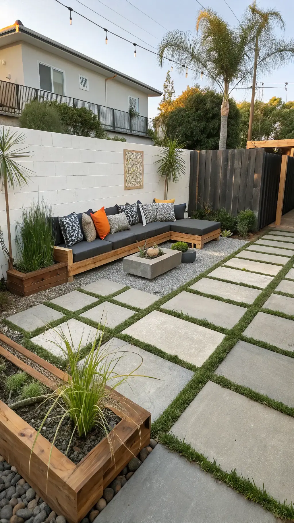 Modern outdoor living area with DIY pallet sofa, repurposed industrial spool tables, vertical succulent wall, and geometric concrete pavers under bright sunlight