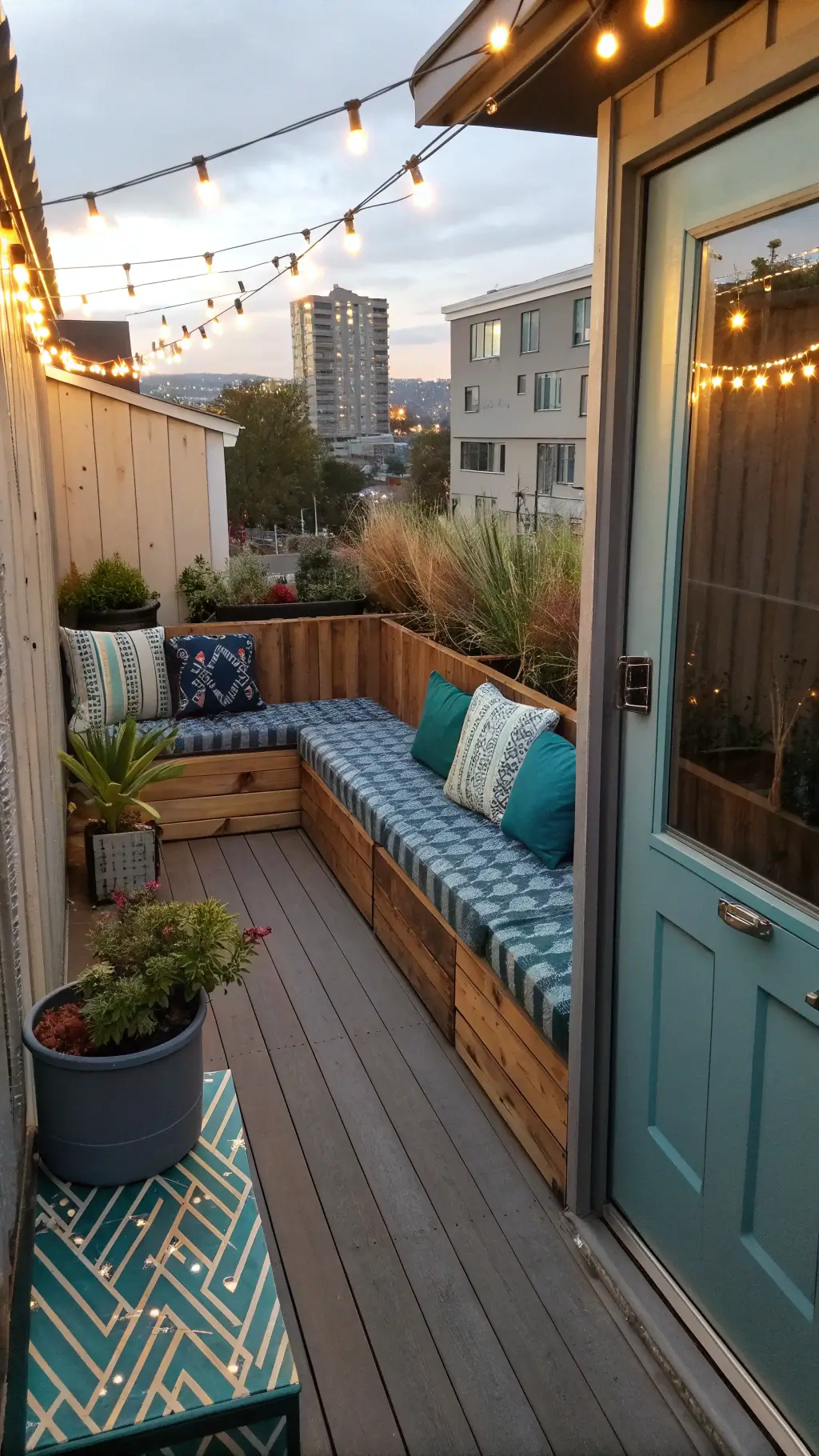Urban balcony at golden hour with string lights, reclaimed wood bench with blue-green cushions, and container garden in recycled industrial pots