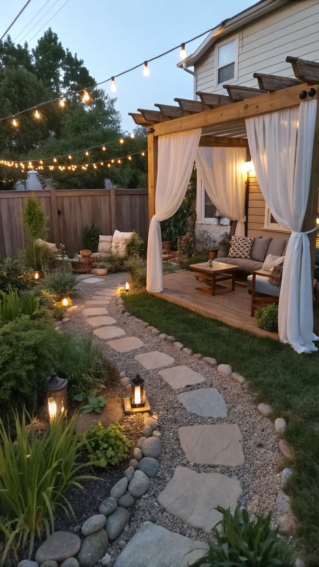 Peaceful backyard retreat at dusk with gravel path, native plants, wooden pergola with sheer curtains, solar lights, vintage seating, and soft landscape lighting