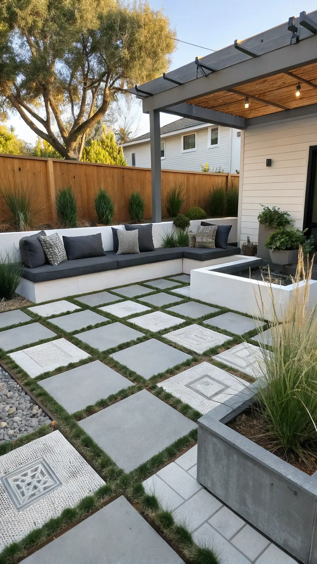 Contemporary 20'x25' entertainment patio with geometric concrete pavers and gravel insets, DIY modular seating from painted cinder blocks with charcoal cushions, ornamental grasses, and sculptural succulents