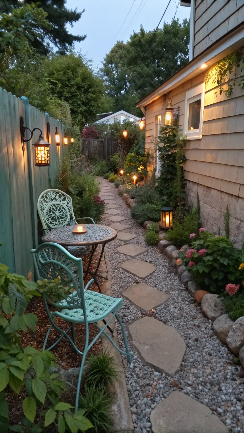 Enchanting side yard makeover with gravel path lined by solar lanterns, vintage mint green chairs, DIY mosaic table, and vertical garden wall at twilight