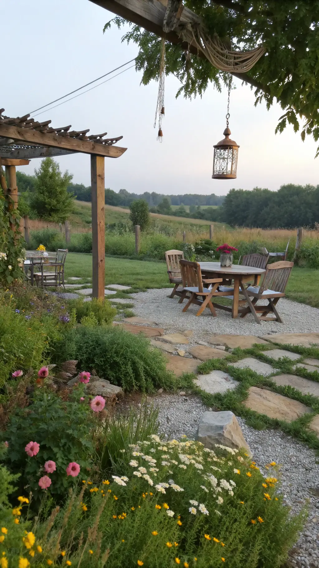 Rustic country garden with stone patio, reclaimed wood dining set, mason jar chandelier, and wildflower meadow in morning light