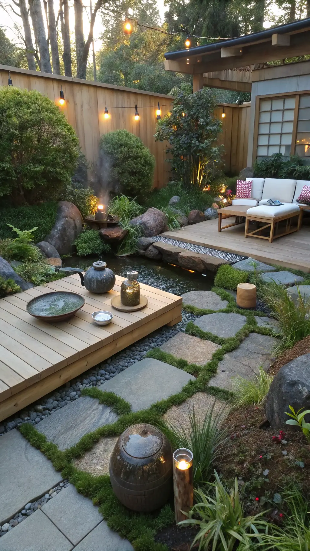 Zen-inspired meditation patio with bamboo furniture, water feature, stone pathways, ceramic jars, brass singing bowls, and Japanese maples in morning mist