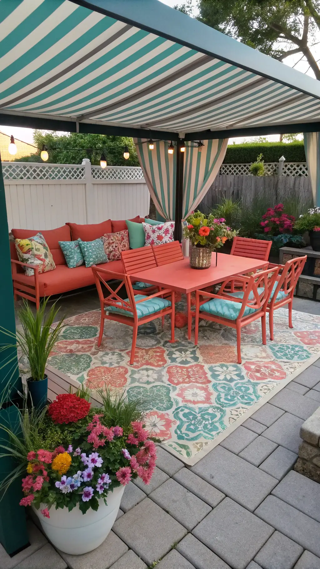 Bright family patio with coral dining set, modular seating, tropical-themed accessories, and colorful container garden