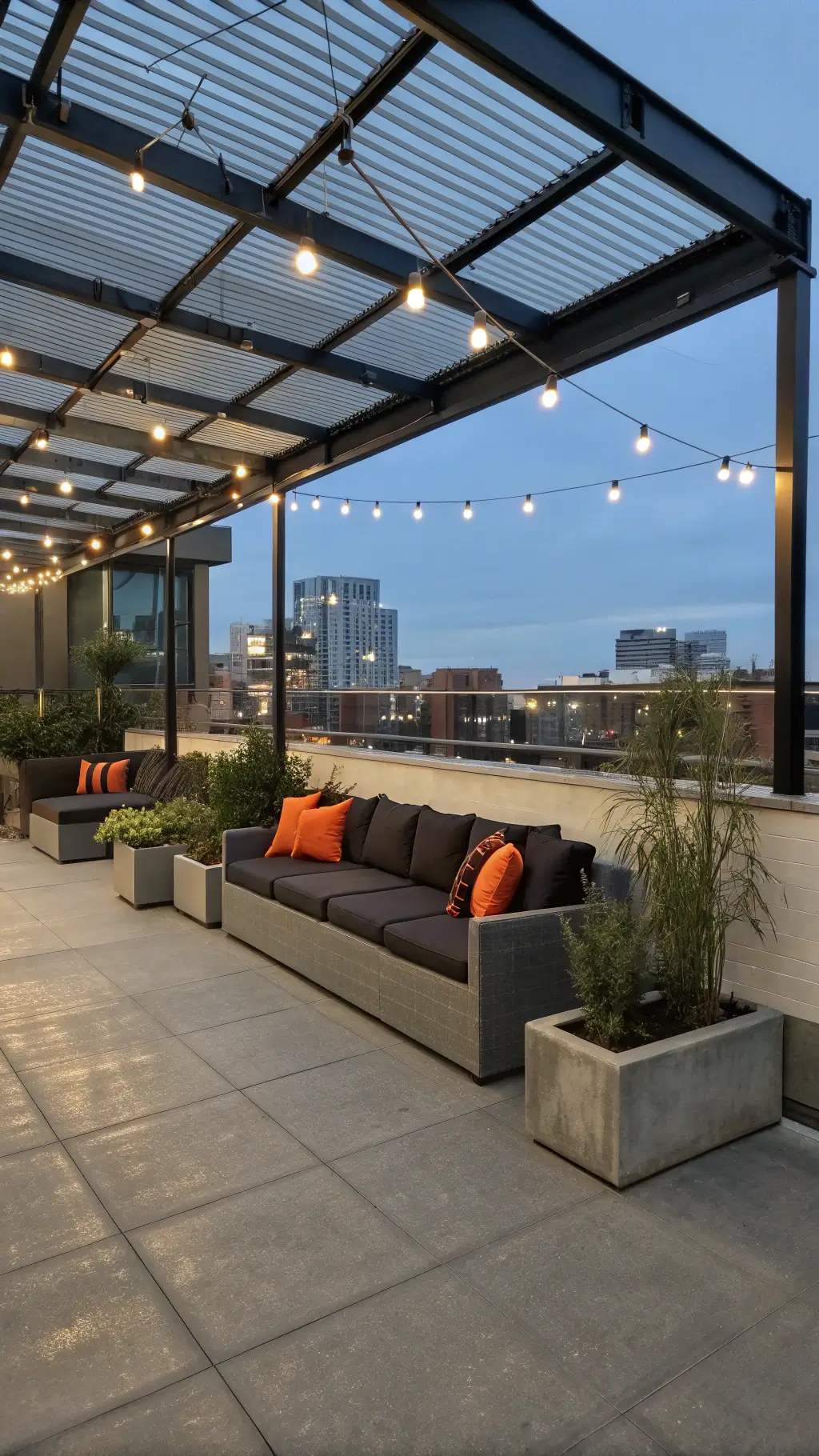 Industrial rooftop patio at twilight with charcoal sectional, orange pillows, steel pergola, Edison bulb lights, and architectural plants against city skyline