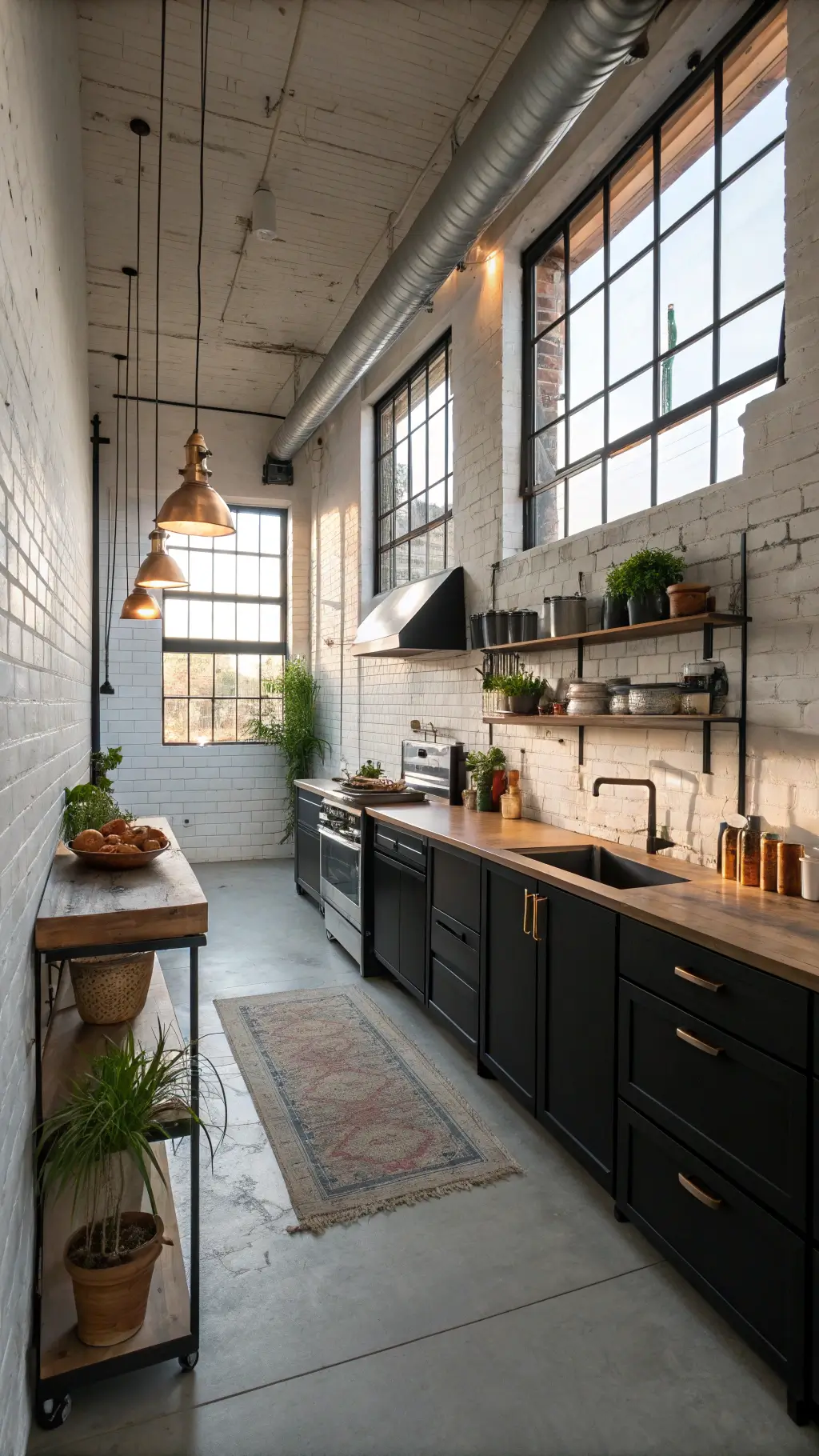 Urban compact kitchen with black cabinets and mobile butcher block island