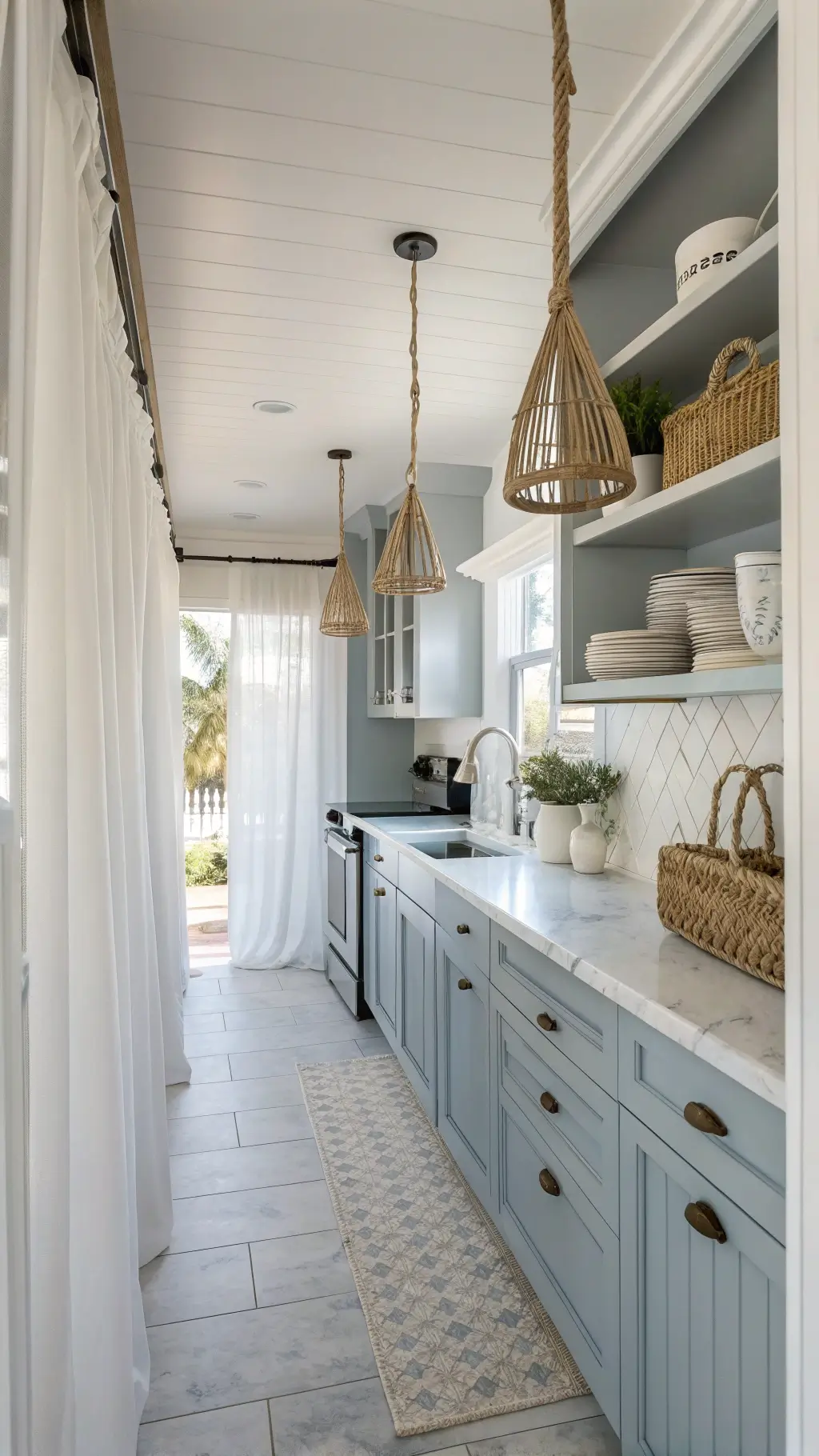 Coastal cottage galley kitchen with blue-grey cabinets and marble counters