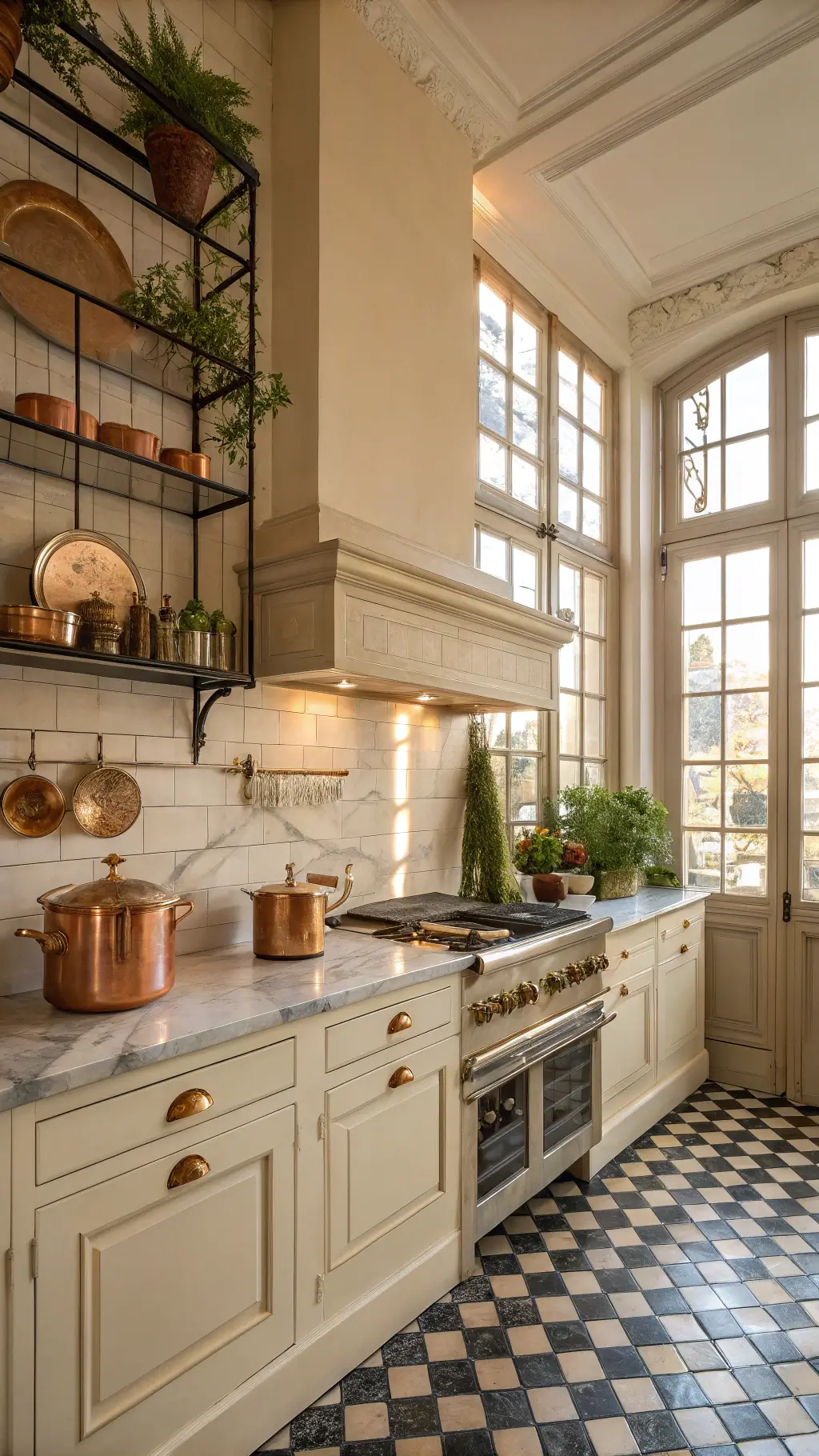 Vintage-style kitchen with cream cabinets and copper cookware