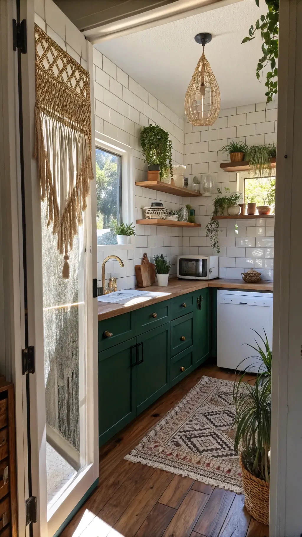 Bohemian micro kitchen with emerald green cabinets and Moroccan pendant lamp