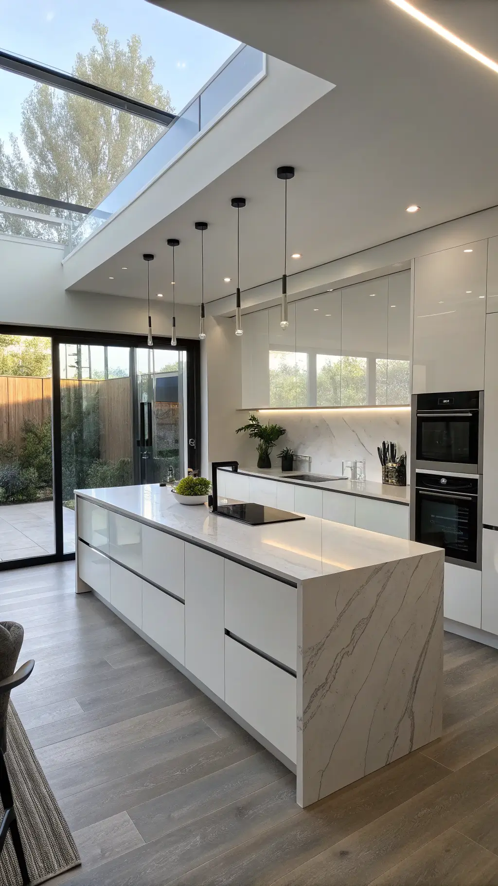Contemporary studio kitchen with glossy white cabinets and ambient LED lighting