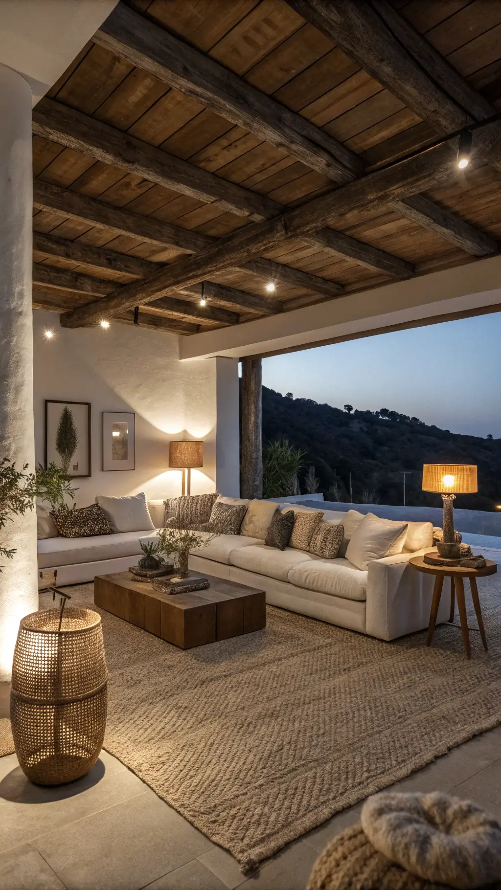 Warm and modern living room at dusk with ceramic lamps, wooden beams, charcoal linen sofa with cream throws, brass coffee table with marble top on a jute rug