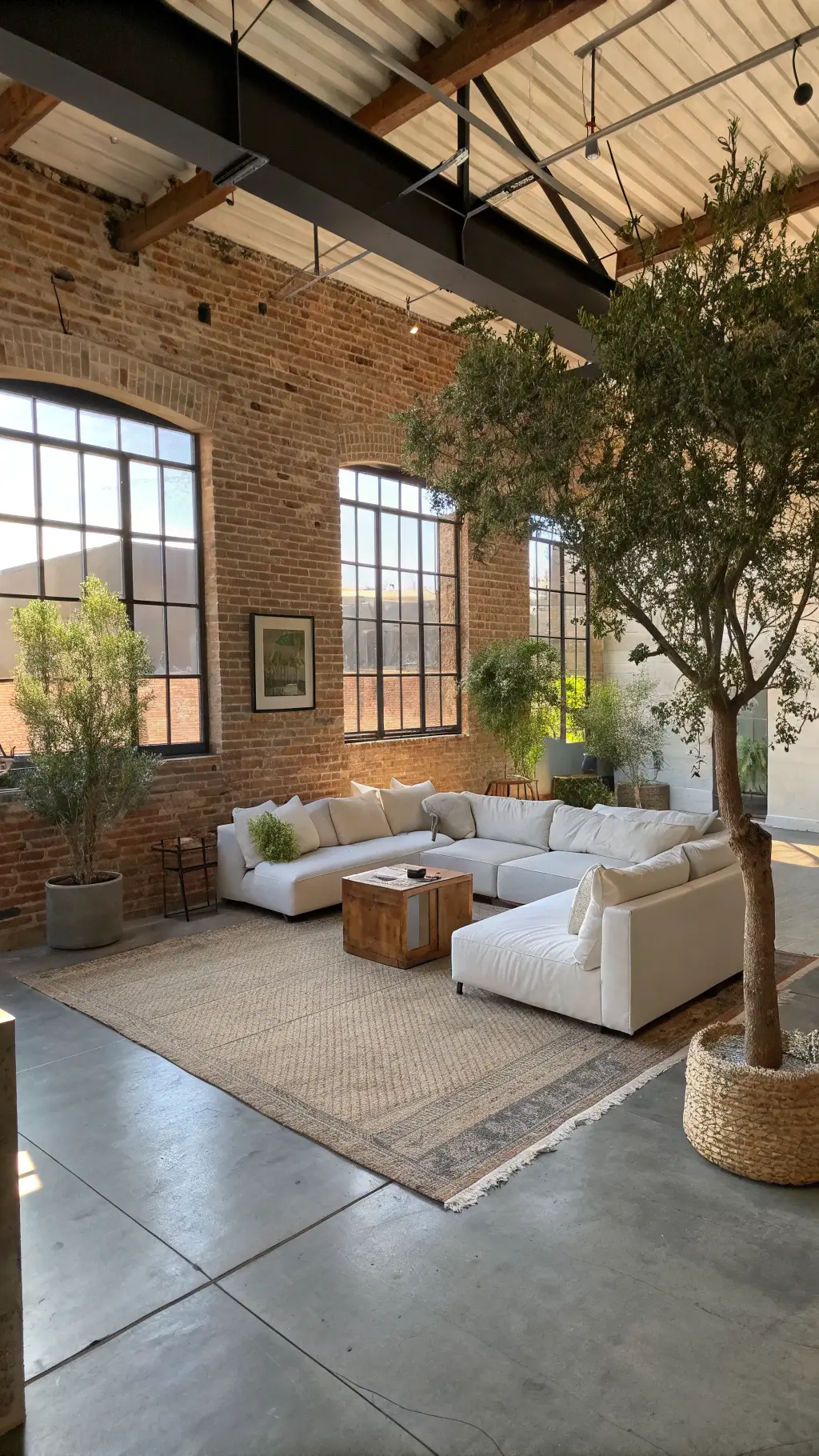 Open concept living area with brick walls, concrete floors, white linen sectional, reclaimed wood coffee table, geometric jute rug, potted olive trees, and architectural lighting