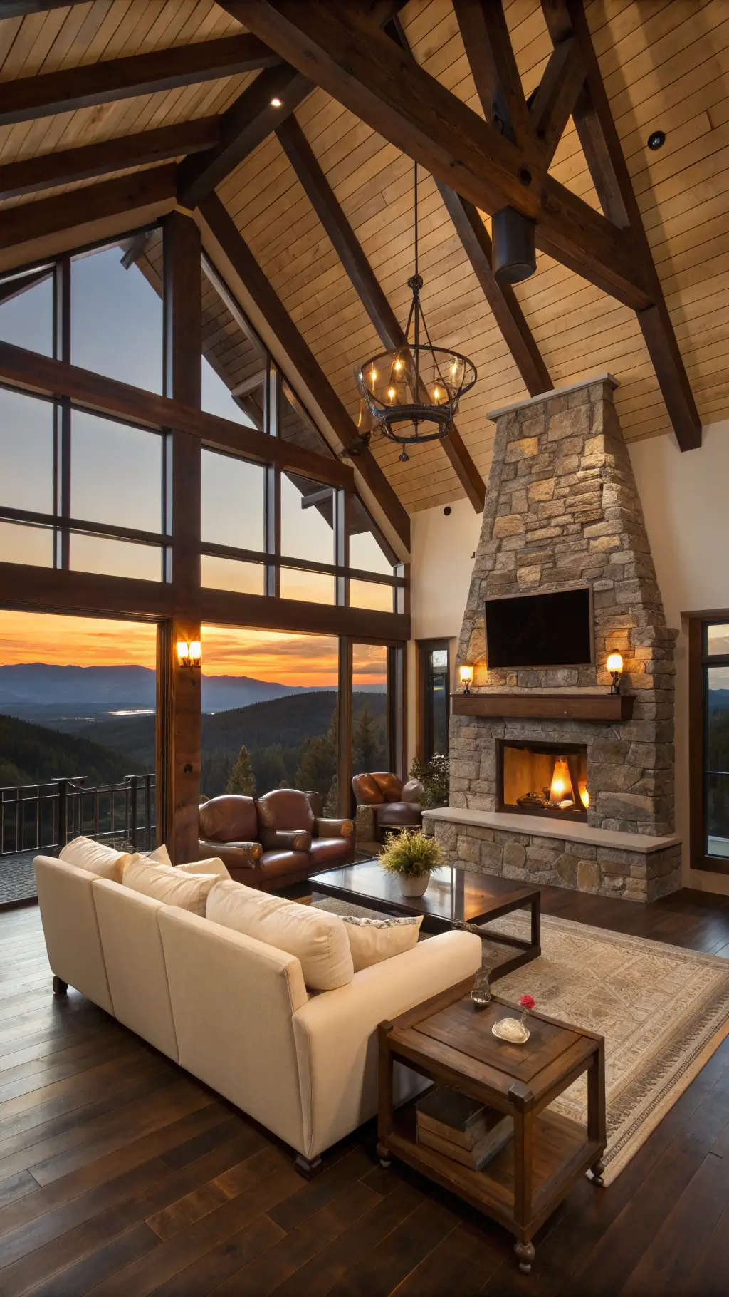 Dramatic living room at sunset with cathedral ceiling, dark timber beams, floor-to-ceiling steel windows, mountain views, cream sectional, cognac leather chairs, stacked stone fireplace, and oak mantle