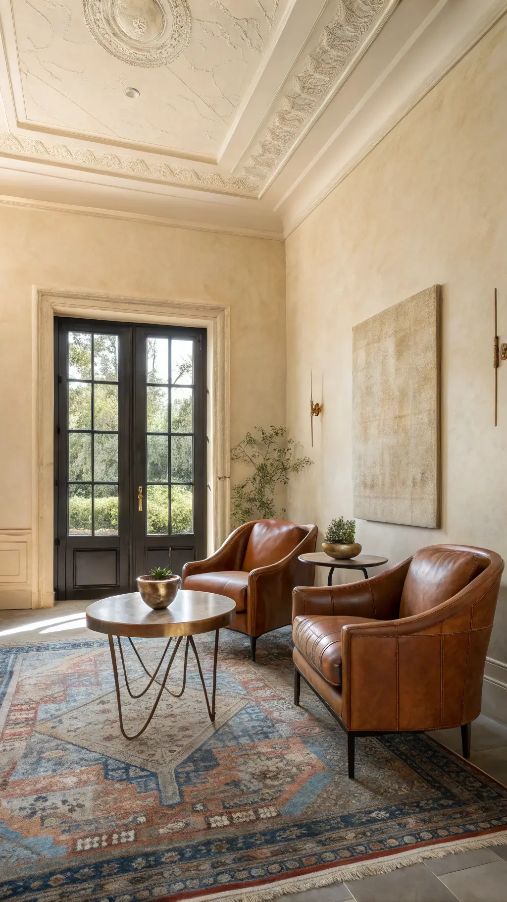 Elegant sitting room inspired by boutique hotels with ivory plaster walls, mid-century leather chairs, travertine coffee table with brass base, vintage rug in muted blues and rust, black steel French doors opening to garden