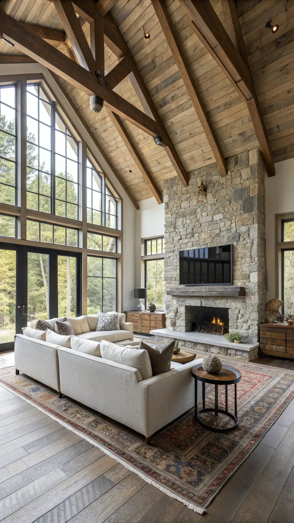 Rustic modern great room with bleached oak ceiling beams, dark window frames, large linen sectional facing stone fireplace, live edge console table with ceramic collection, layered vintage rugs