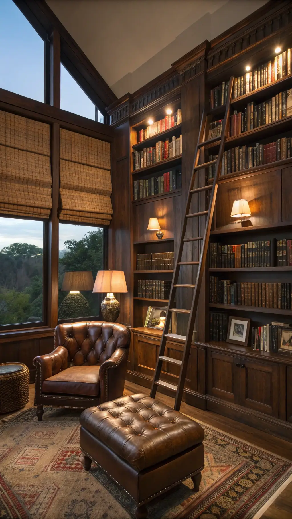 Cozy library lounge corner with walnut bookshelf and rolling ladder, oversized leather chairs, brass reading lamps, vintage kilim ottoman, and grass window shades filtering soft light