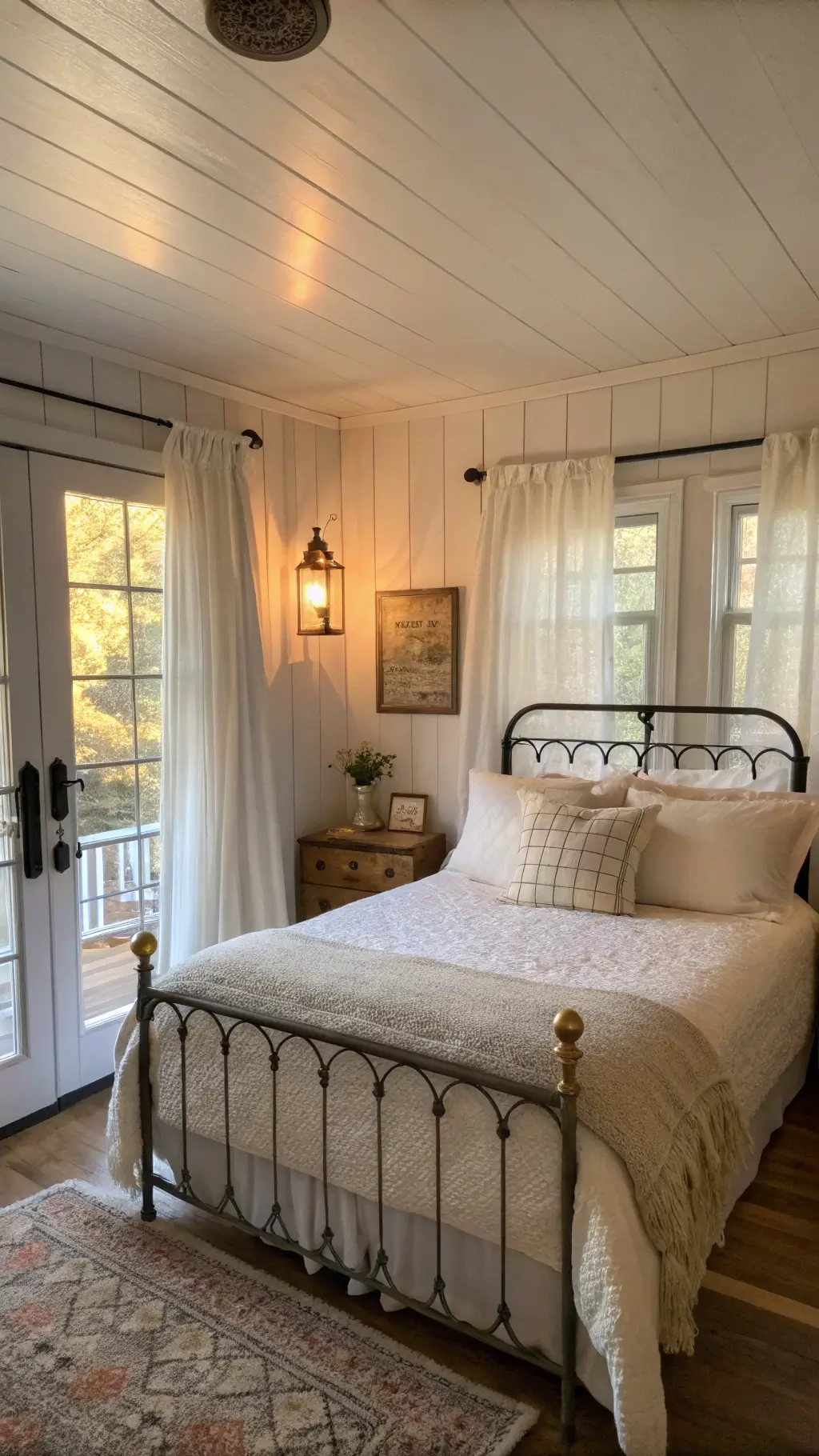 farmhouse bedroom at golden hour with light filtering through sheer curtains, wrought-iron queen bed, reclaimed barn door headboard, and antique milk can nightstands