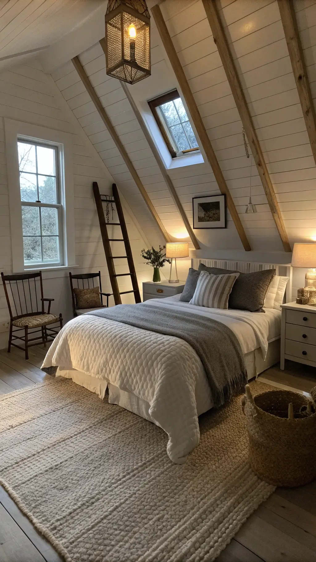 attic bedroom with sloped ceilings, exposed rafters, dormer windows, spindle bed, ladder-back chair, nightstands, mason jar sconces, woven baskets