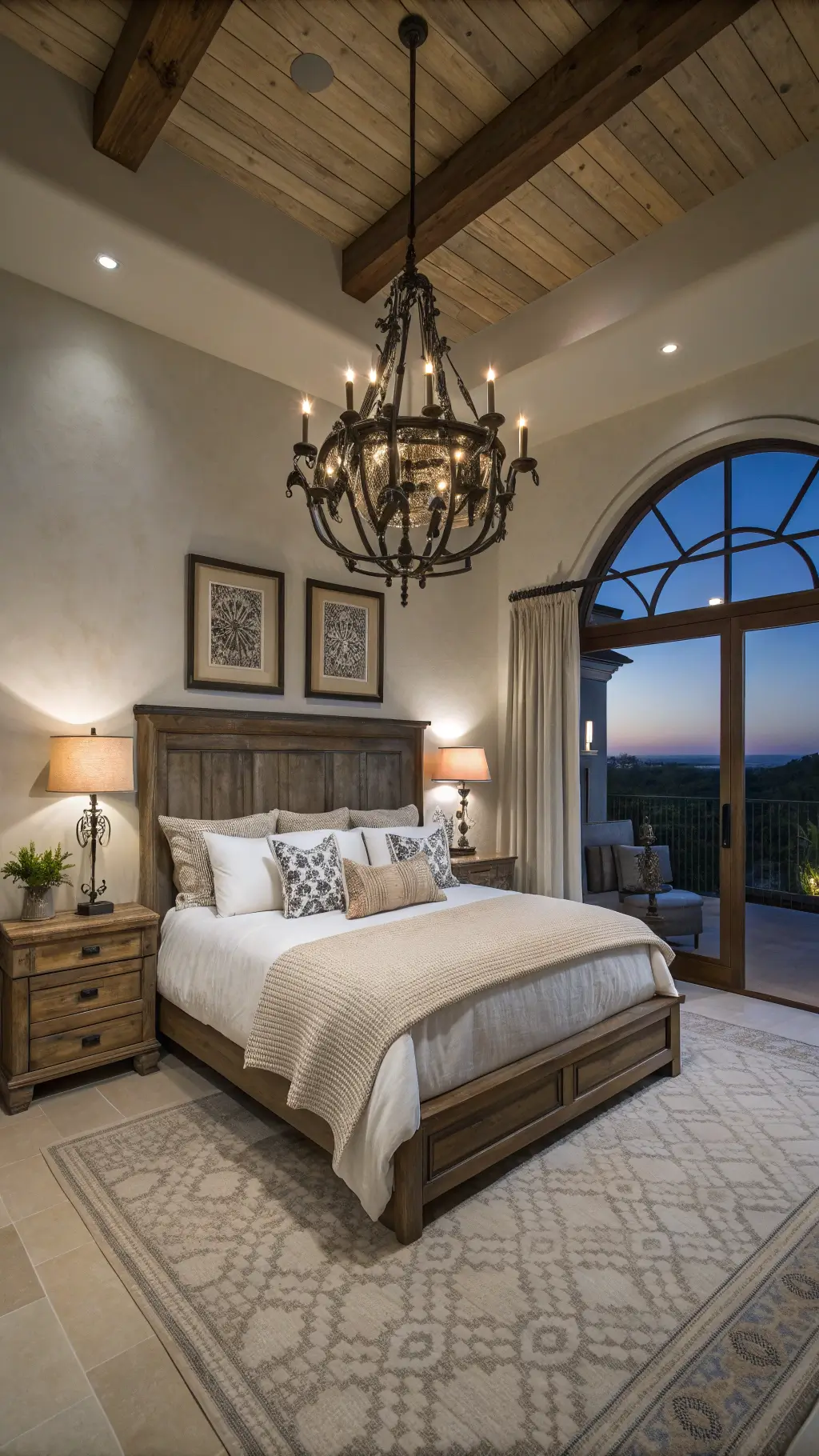 twilight master bedroom with indigo shadows, pale grey walls, reclaimed wood bed, decorative linens, weathered oak nightstands, alabaster lamps, iron chandelier