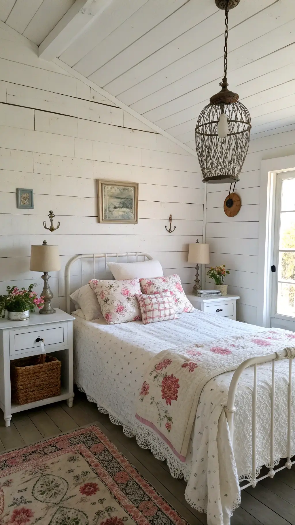antique Jenny Lind bed with white linens, floral quilts, whitewashed plank walls, mismatched nightstands, mercury glass lamps, wildflowers, distressed armoire, wire basket pendant