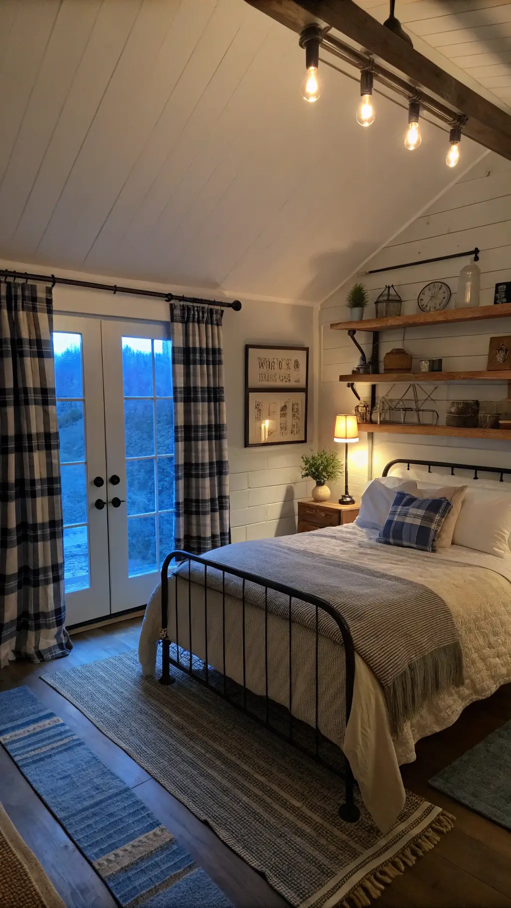 dusk-lit bedroom with blue light, buffalo check curtains, iron bed with cream bedding, wool blankets, industrial sconces, raw wood shelves, vintage items, sliding barn door, sisal rug