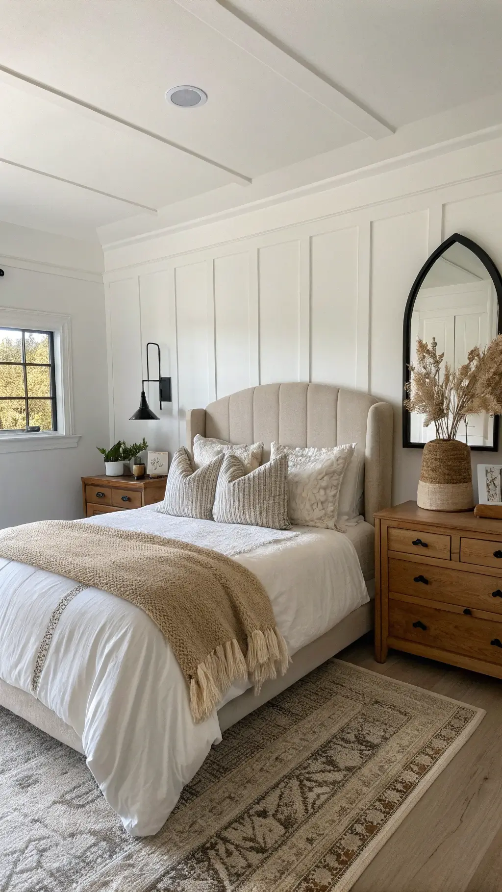 primary bedroom at dawn with California king bed, wooden nightstands, oversized arch mirror, vintage dough bowl, white board and batten walls