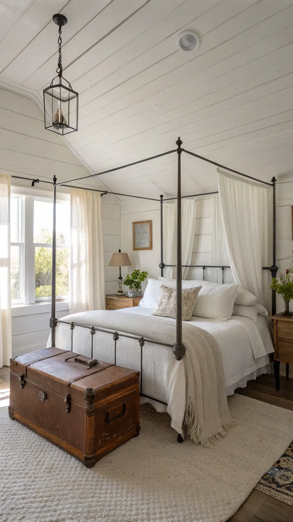 sunlit midday bedroom with white decor, metal canopy bed, layered linens, antique tables, ceramic lamps, vintage trunk, seagrass rug