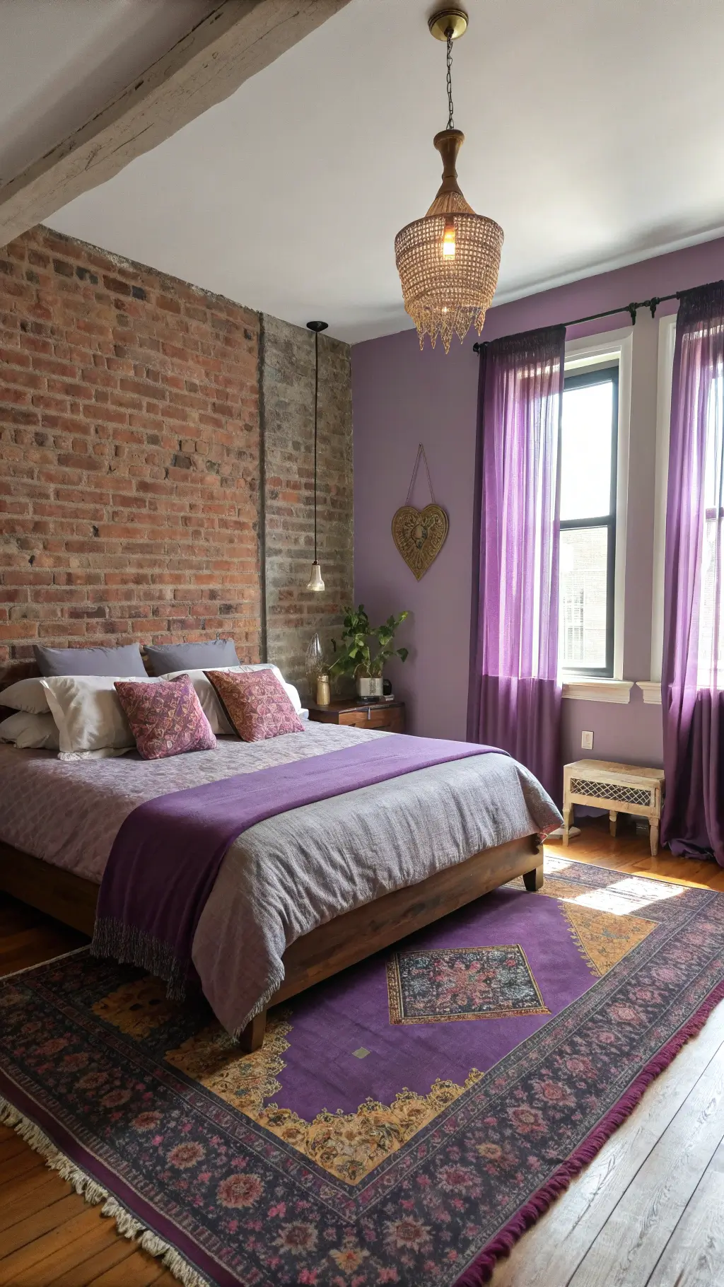 Bohemian bedroom in various purple tones with morning sunlight filtering through violet curtains, featuring a low-profile bed with layered linens, vintage Persian rug, brass pendant lights, and a macramé wall hanging on a plum brick accent wall.