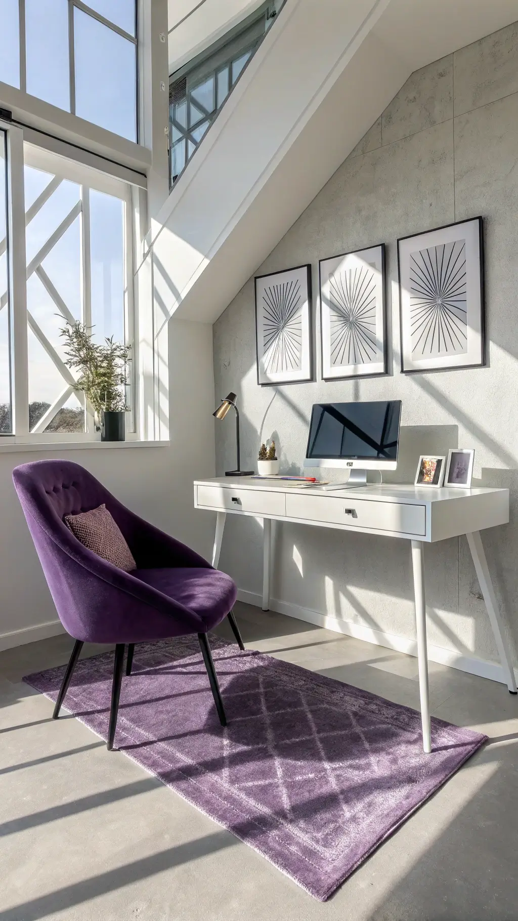 Minimalist purple-themed home office with modern architectural elements, noon light casting geometric shadows through windows, featuring a sleek white desk and velvet chair.