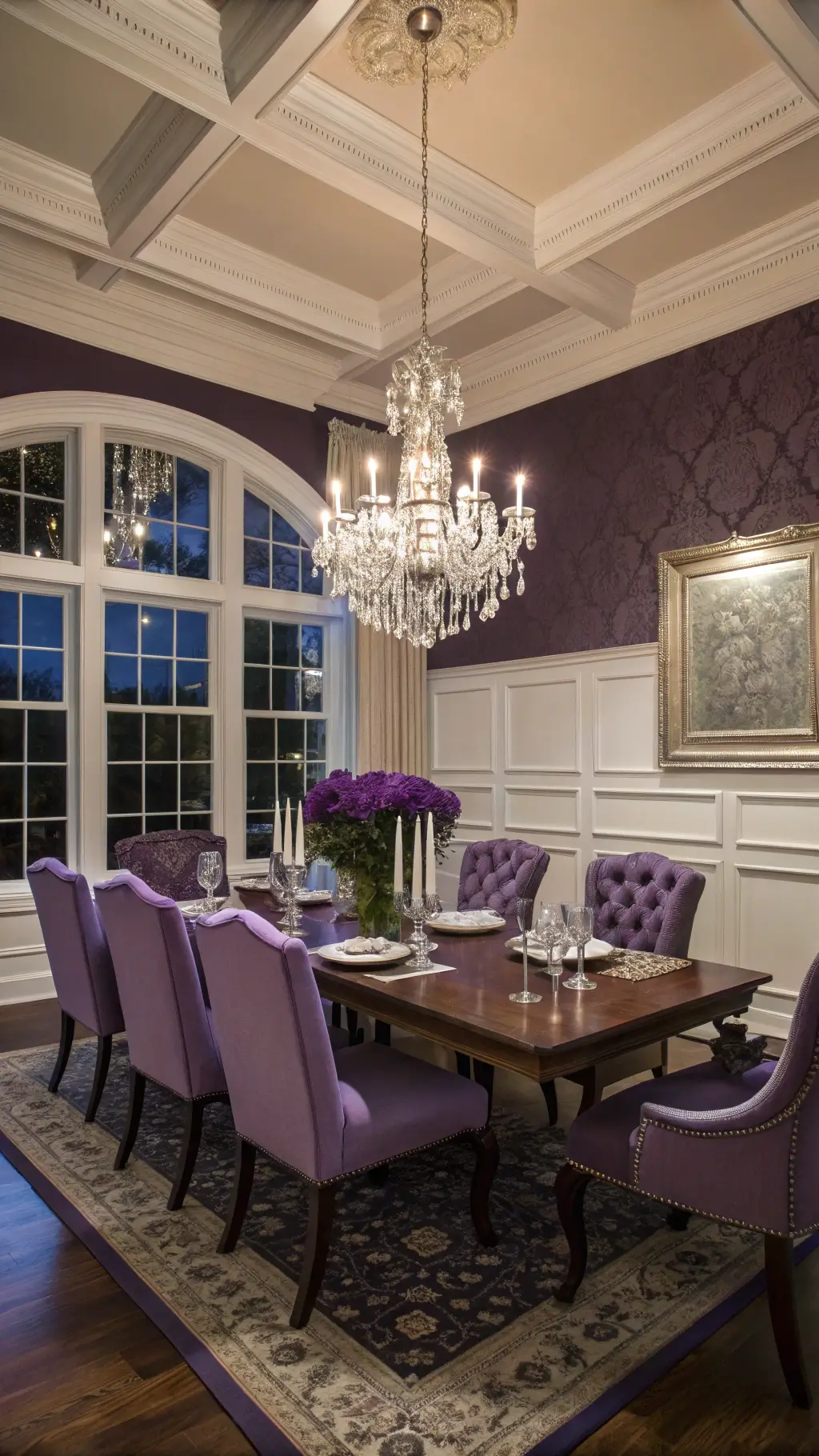 Elegant formal dining room with purple walls, mahogany table, damask upholstered chairs, silver candelabras, floral centerpiece, and crystal chandelier with dramatic lighting.