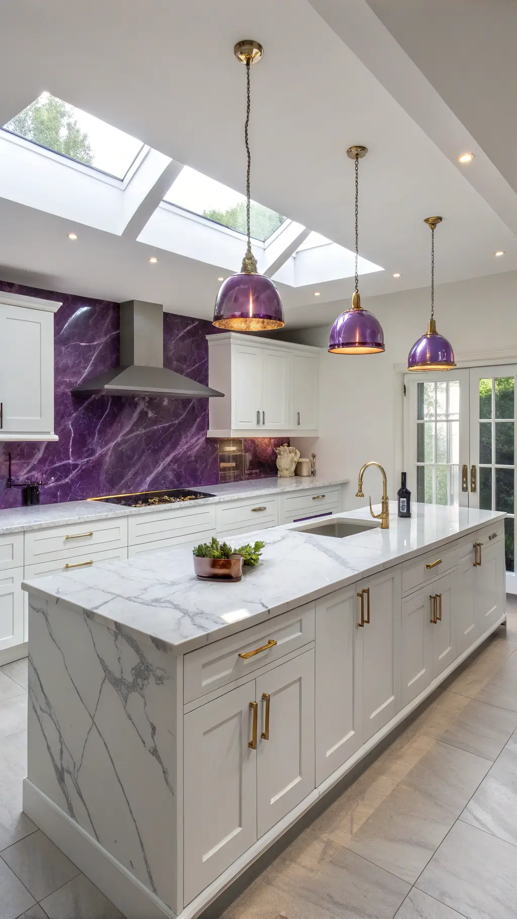 Modern kitchen with white and purple accents, skylight illumination, long island, metallic pendant lights, and gold hardware.