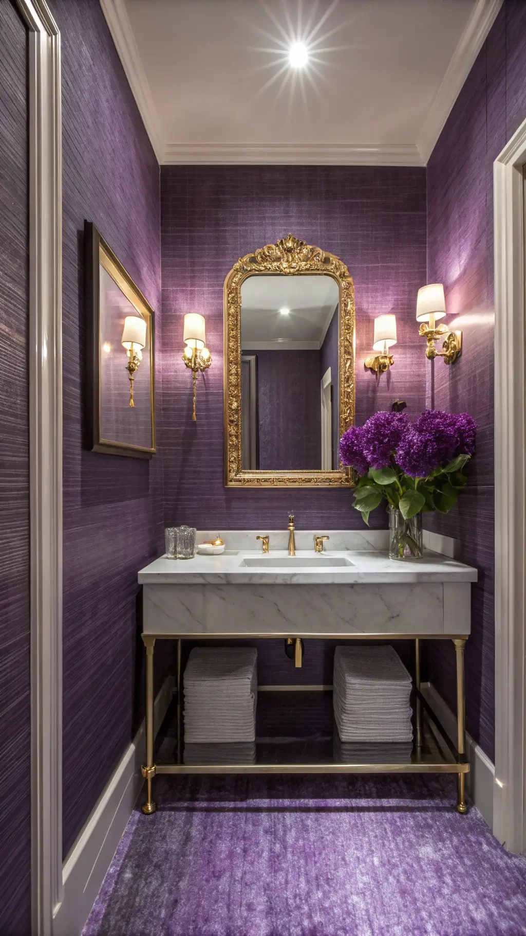 Luxurious purple powder room with agate-inspired tile flooring, gold-framed mirror, crystal sconces, and fresh lilac bouquet.