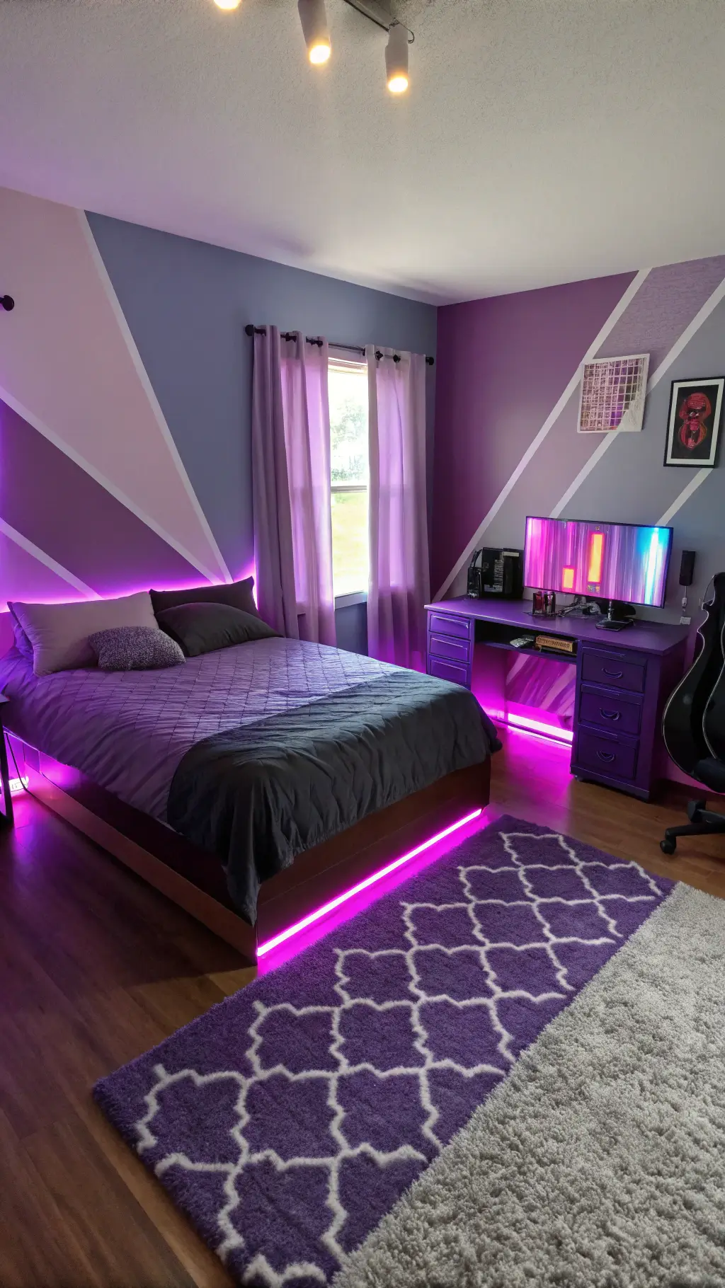 Vibrant purple teen bedroom with color-blocked walls, platform bed, LED gaming setup, neon accents, and ombré curtains.