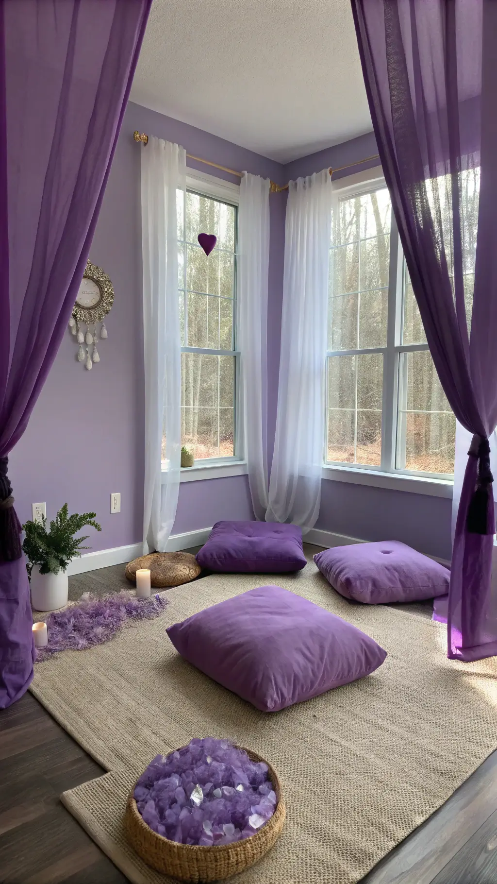 Serene purple meditation room with dawn light filtering through sheer curtains, floor cushions on jute rug, amethyst geodes, and pale lavender walls.