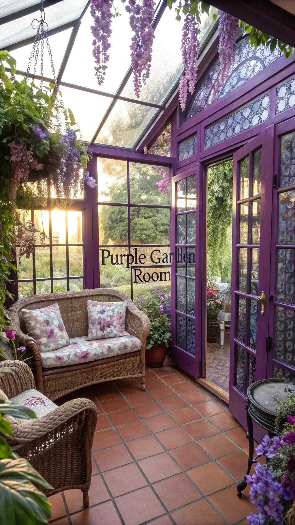 Sunlit sunroom with purple stained glass panels, vintage wicker furniture, botanical cushions, purple Moroccan runners, and hanging orchids.