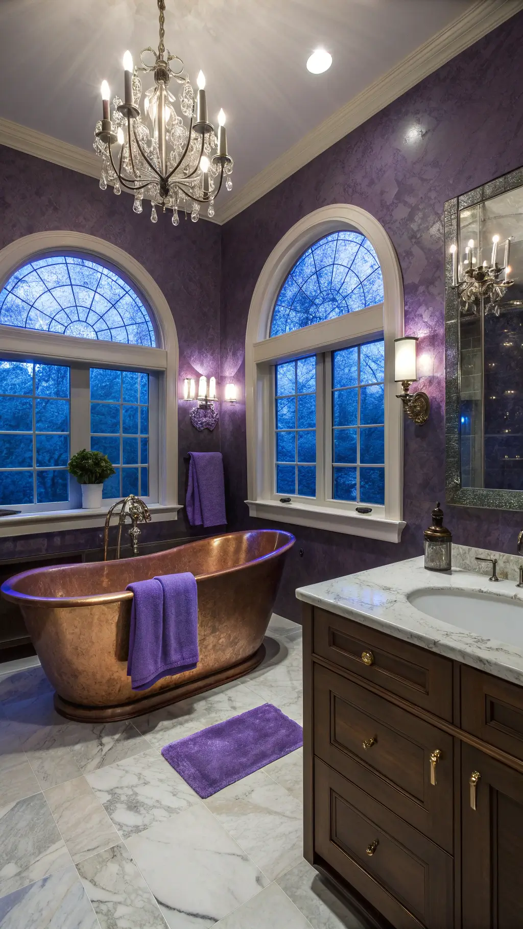 Luxury master bathroom with copper soaking tub, purple marble vanity, crystal chandelier, and glass sconces illuminated by twilight blue-hour light.