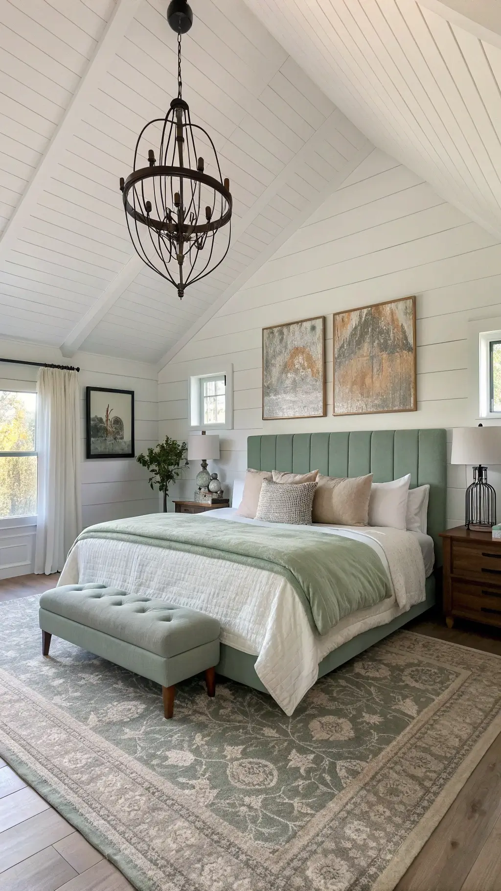 Modern farmhouse bedroom with sage green shiplap wall, white walls, California king bed with rumpled bedding, abstract art, black chandelier, and vintage rugs