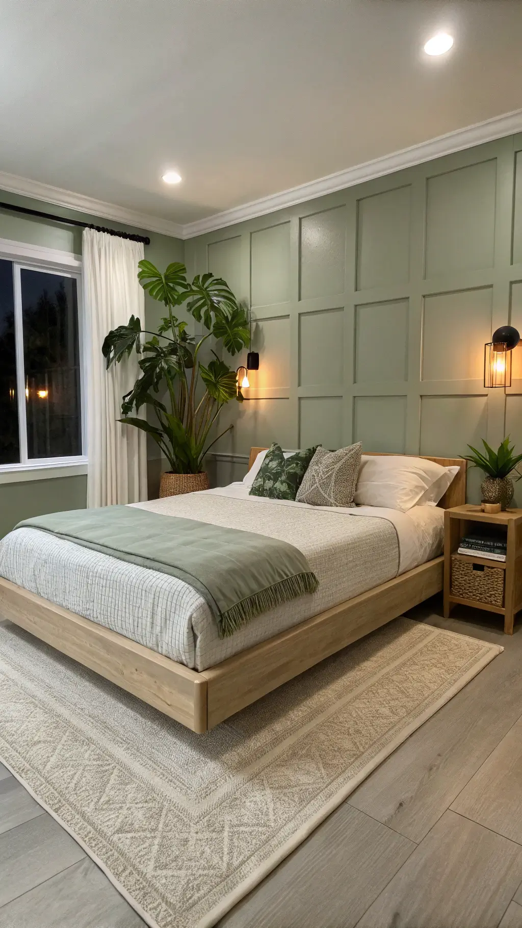 Minimalist bedroom with sage green walls, white trim, bleached oak platform bed, linen bedding, brass sconces, and large monstera plant