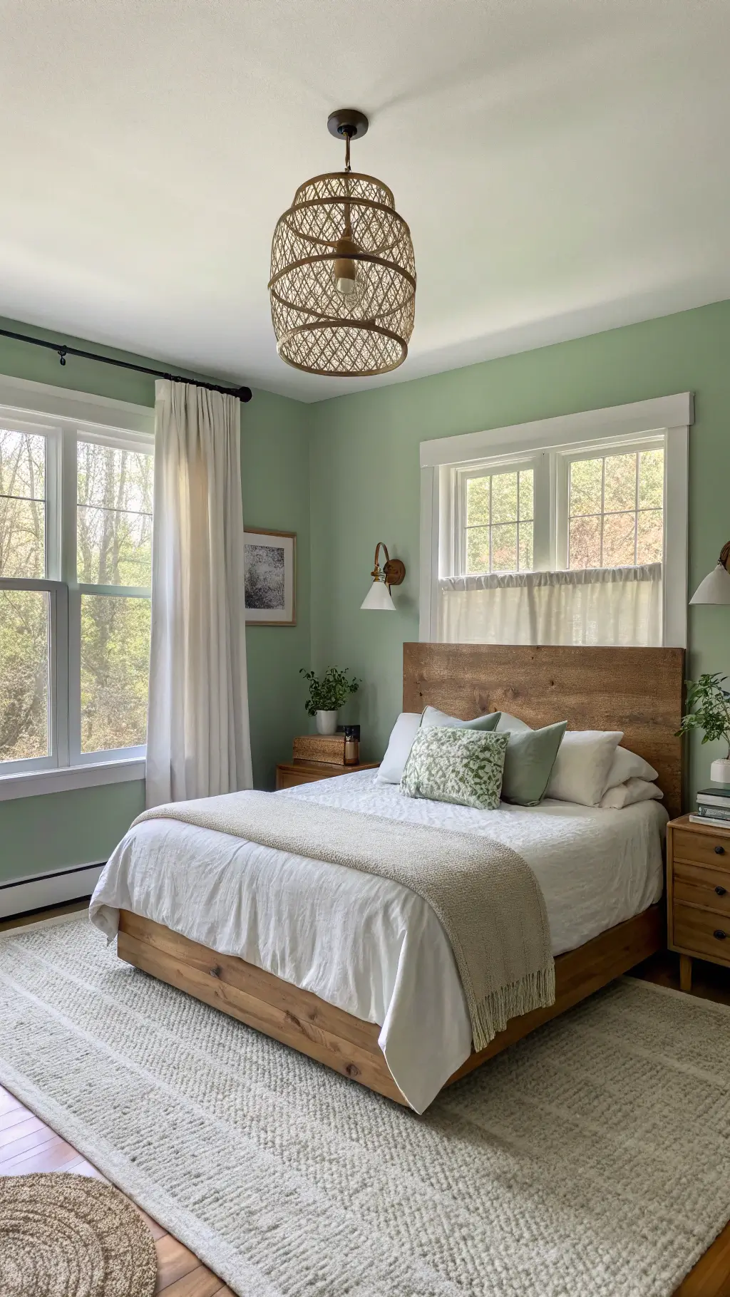 Small bedroom with sage green wall, wooden headboard, cream carpet, white linen curtains, brass reading lights, and bedside tables with ceramic decor