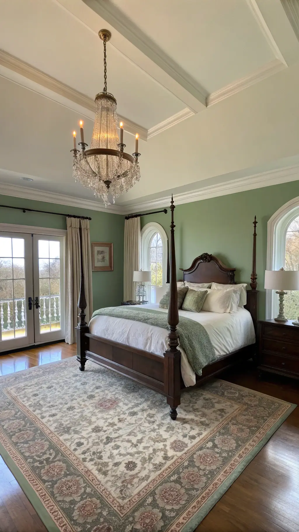 Elegant bedroom with two-tone sage green and white walls, dark wood four-poster bed, crystal chandelier, Persian rug, and silk drapes