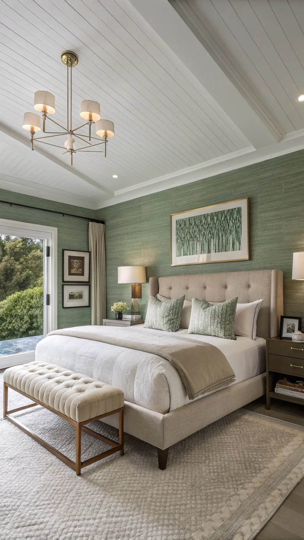 Modern bedroom with sage green grasscloth wallpaper, greige linen bed, Mongolian wool bench, abstract art, polished nickel lighting, and walnut shelves