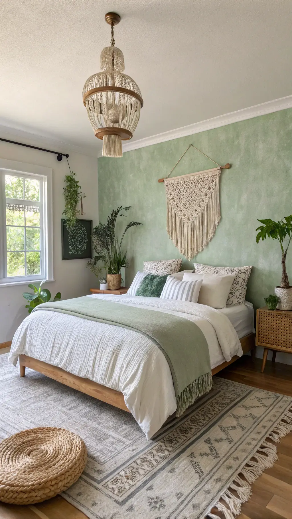 Boho-modern bedroom with sage green walls, rattan bed, macramé wall hanging, Moroccan rug, brass chandelier, and potted plants in natural light