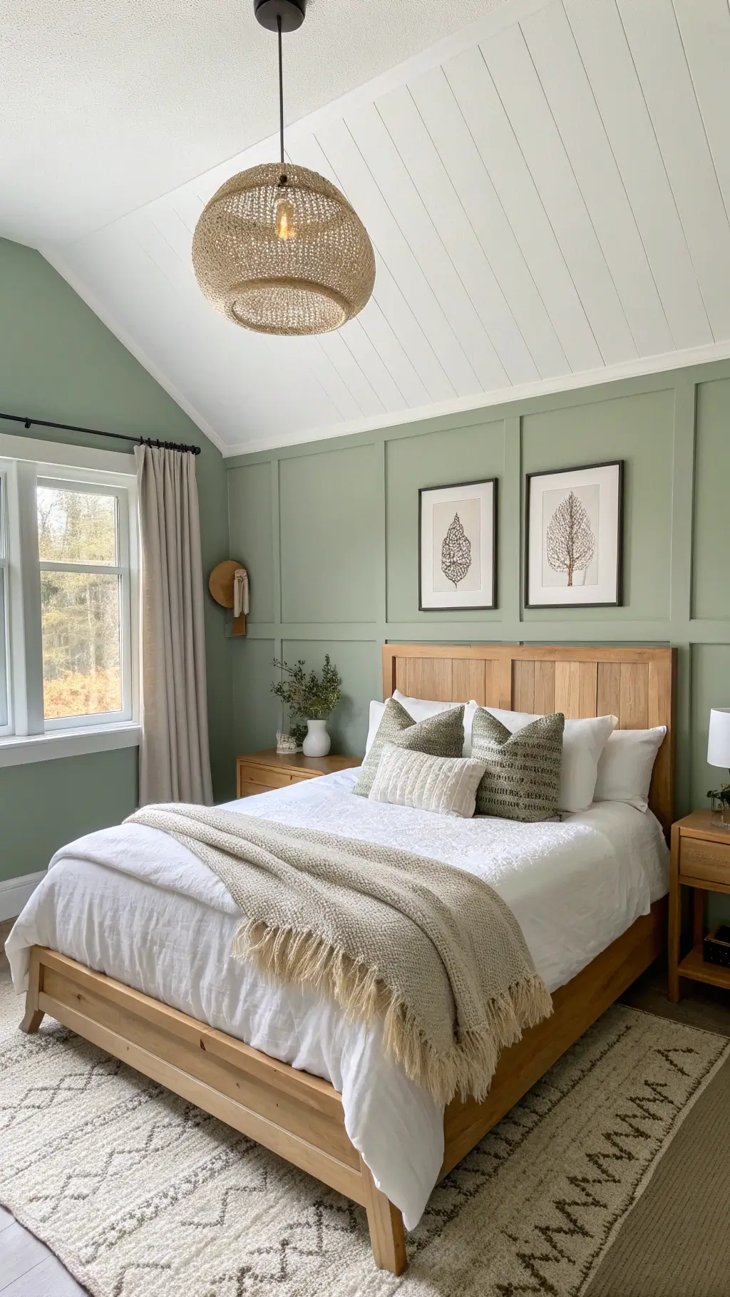 Scandinavian-inspired bedroom with sage green lower walls, white upper walls, blonde wood bed frame, white linen and sage pillows, minimal artwork, sheepskin throws, and paper pendant light