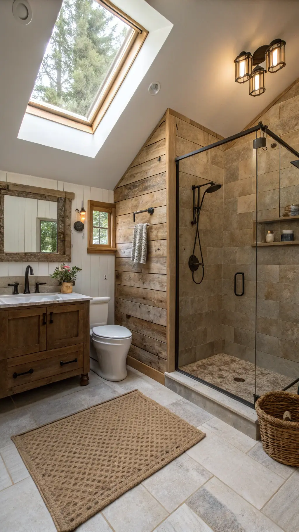 Cozy bathroom with vaulted ceiling, skylight, corner walk-in shower, reclaimed barn wood accent wall, and limestone tiles