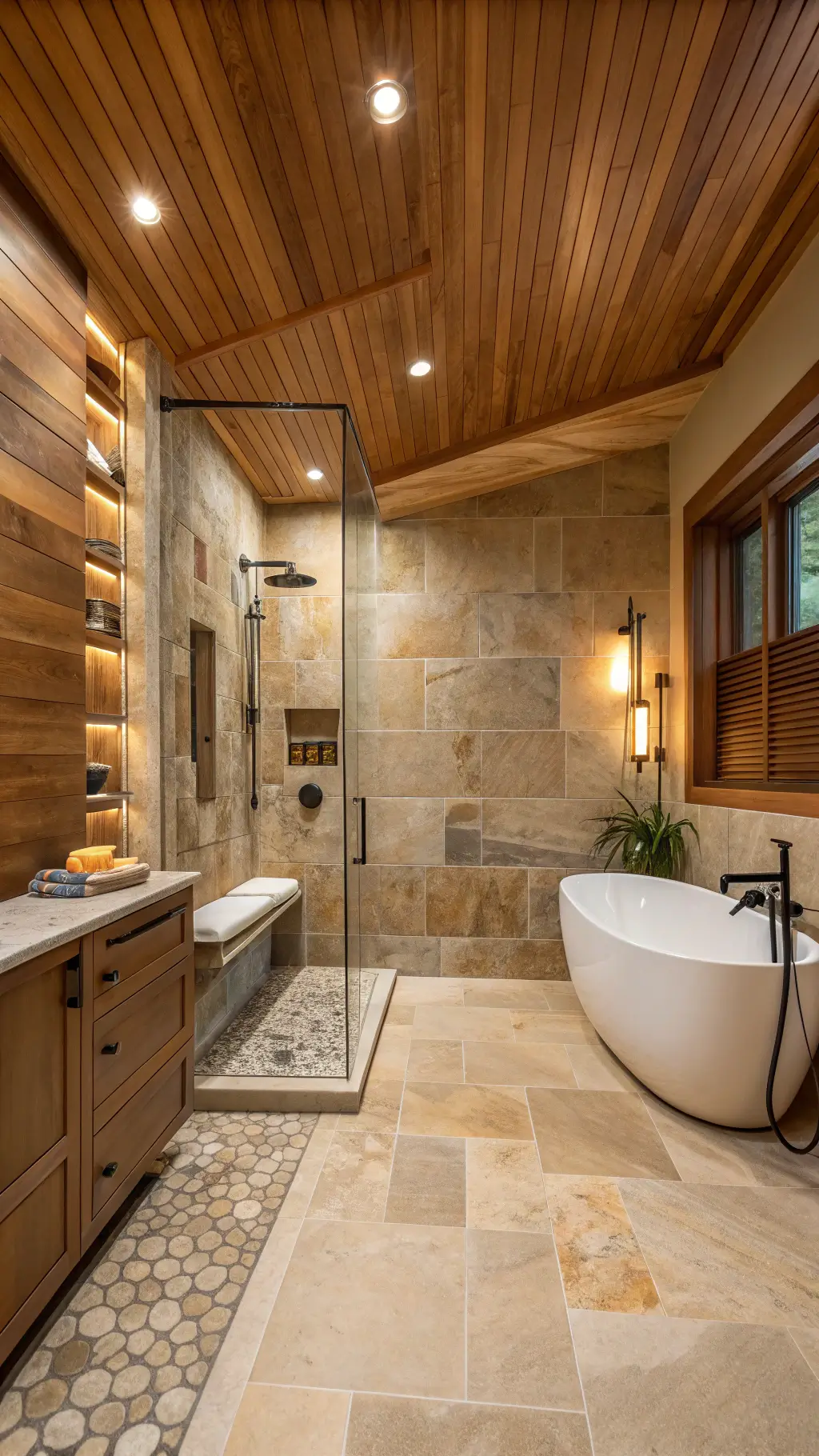 Luxurious bathroom with doorless quartzite shower, wooden beams, wood-look porcelain tiles, cedar bench, and matte black fixtures
