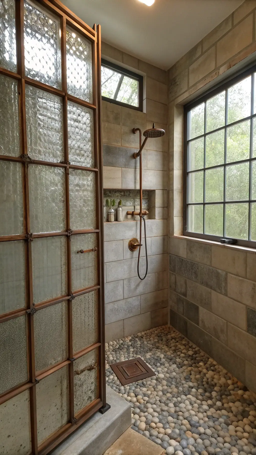 Rustic-industrial bathroom with copper shower panel, concrete walls, pebble mosaic floor, reclaimed oak tiles, and brass fixtures