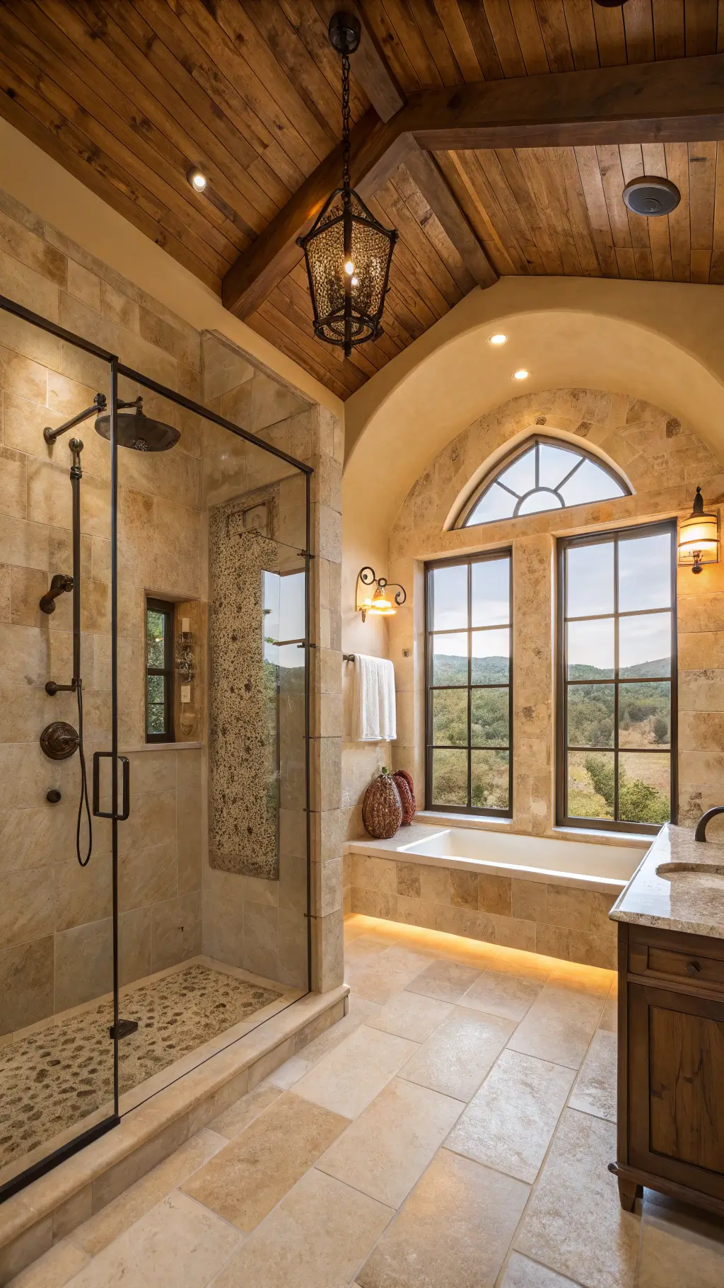 Spacious master bathroom with double walk-in shower, travertine walls, oak ceiling beams, teak benches, and bronze fixtures